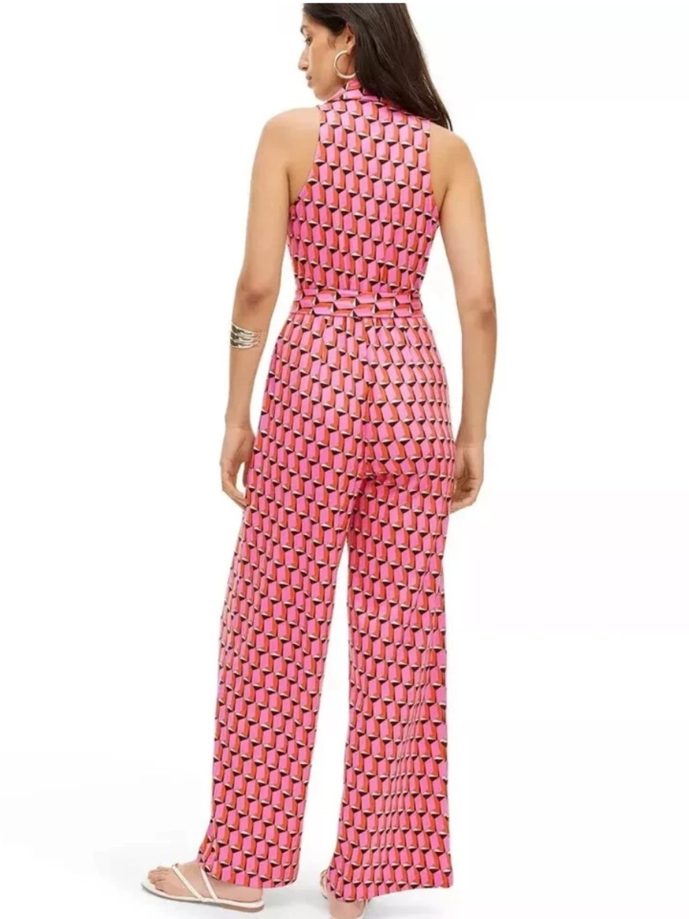 NWT Diane Von Furstenberg Pink Geometric Wrap Wide Leg Jumpsuit XL - Picture 2 of 5